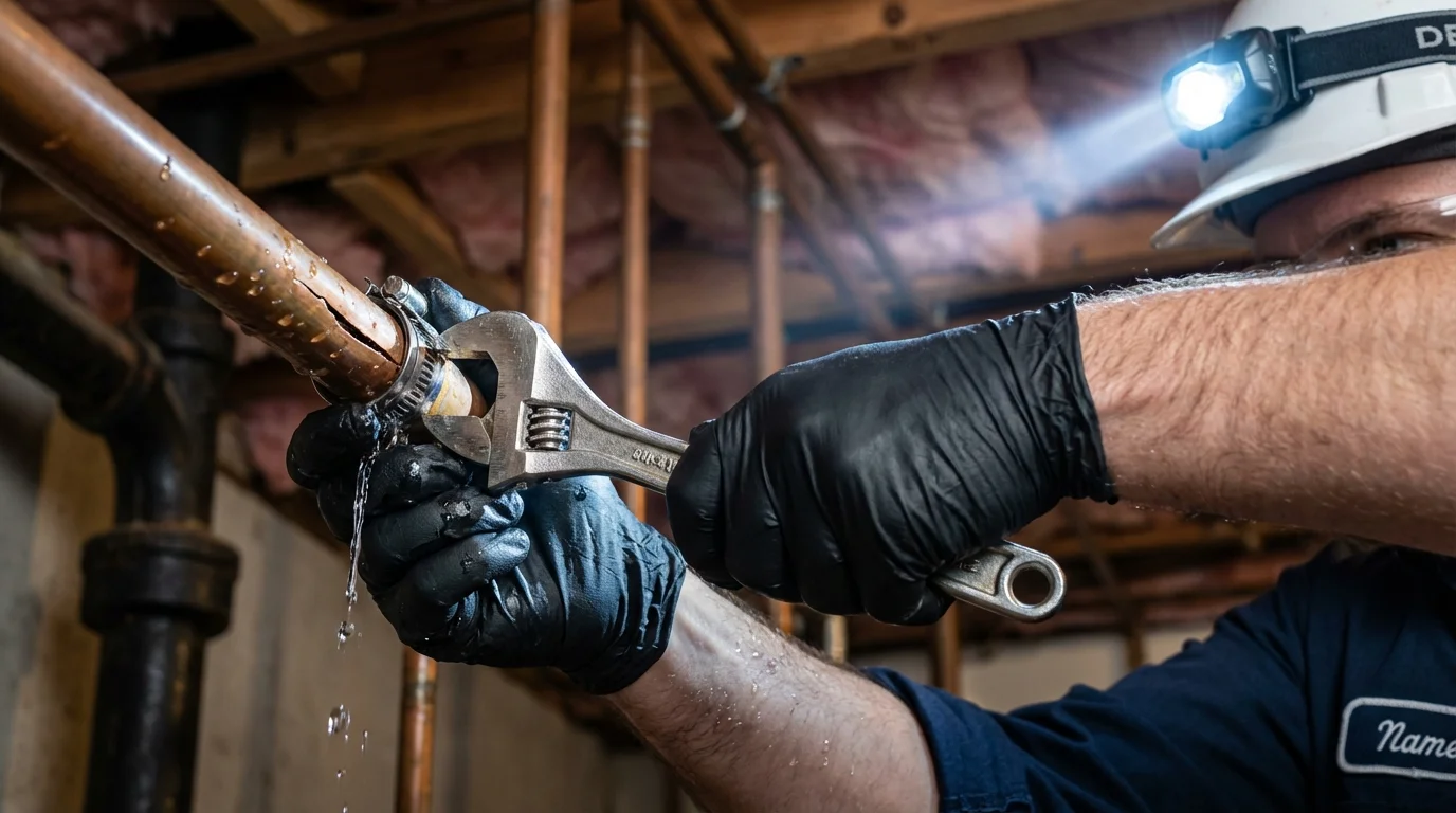 Emergency pipe clamp repair being performed by a Johns Plumbing LLC plumber in Philipsburg