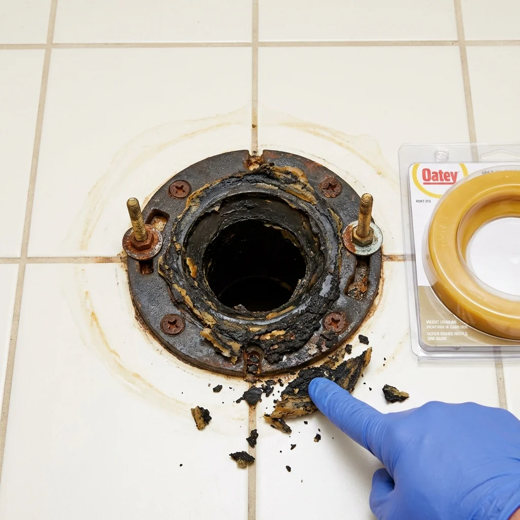 Failed wax ring showing water seepage at the base of a toilet in a Philipsburg, MT home