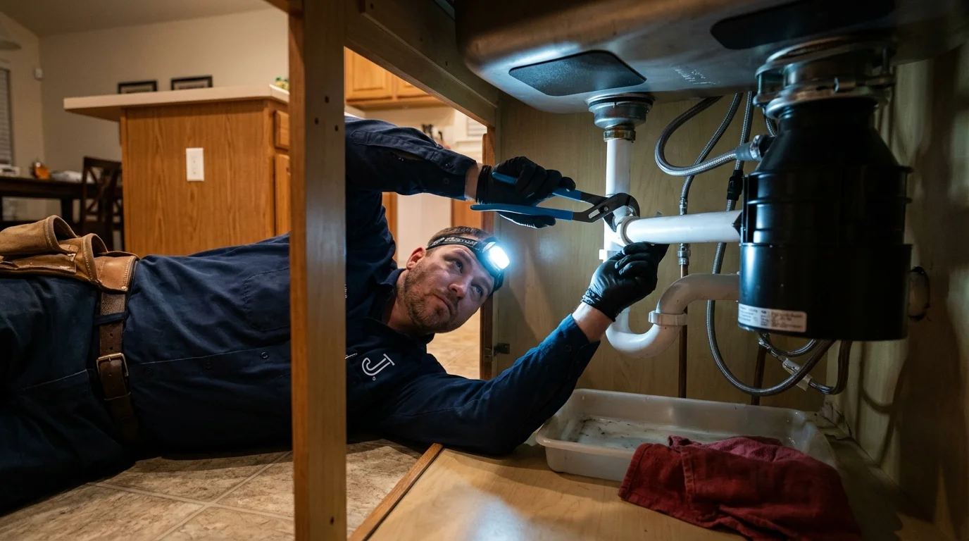 P-trap and supply line connections under a kitchen sink showing a common leak point in Philipsburg, MT